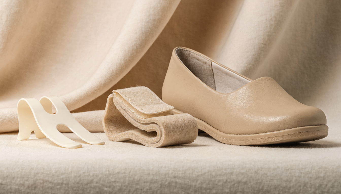Séparateur d'orteils et orthèse d'hallux valgus posés près d'une chaussure à bout large Image
