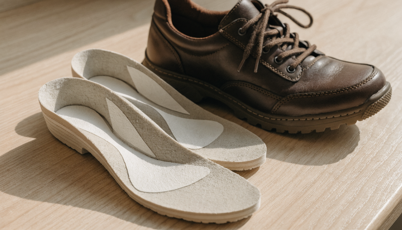 Paire de semelles orthopédiques vue de profil, montrant le soutien de voûte, à côté d'une chaussure de marche