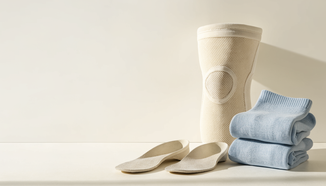 Semelles, genouillère et chaussettes de compression disposées sur un plan clair