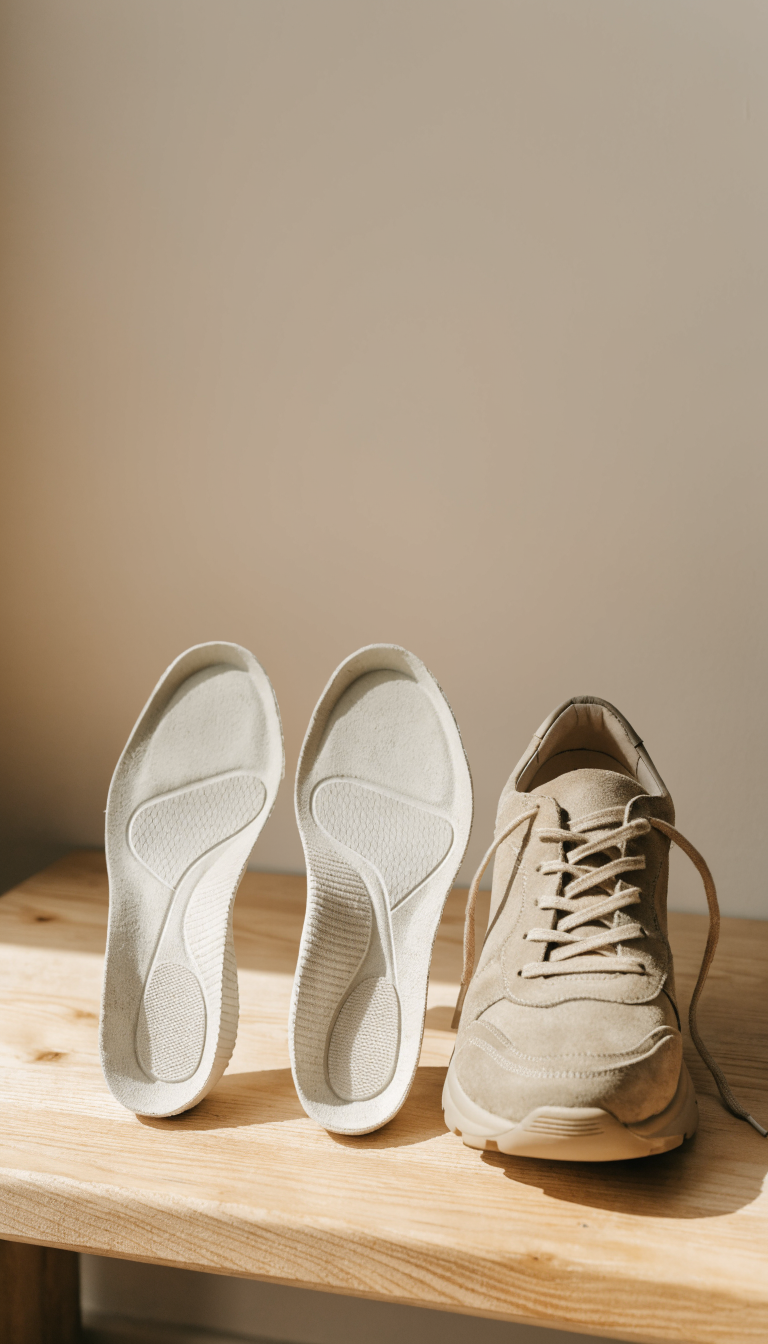 Semelles orthopédiques et chaussure de marche, vue verticale