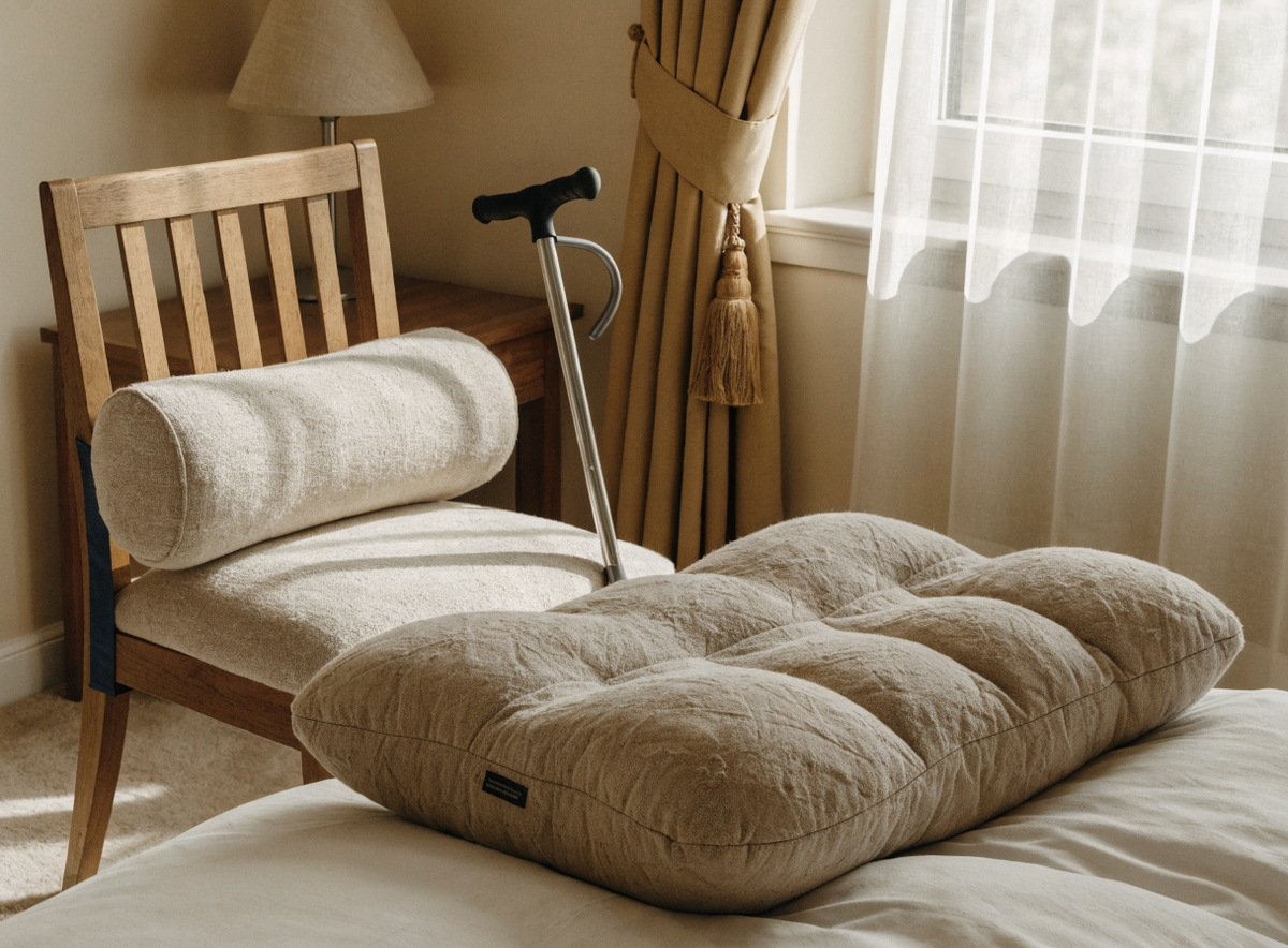 Coin de chambre avec oreiller ergonomique, coussin lombaire et canne Image