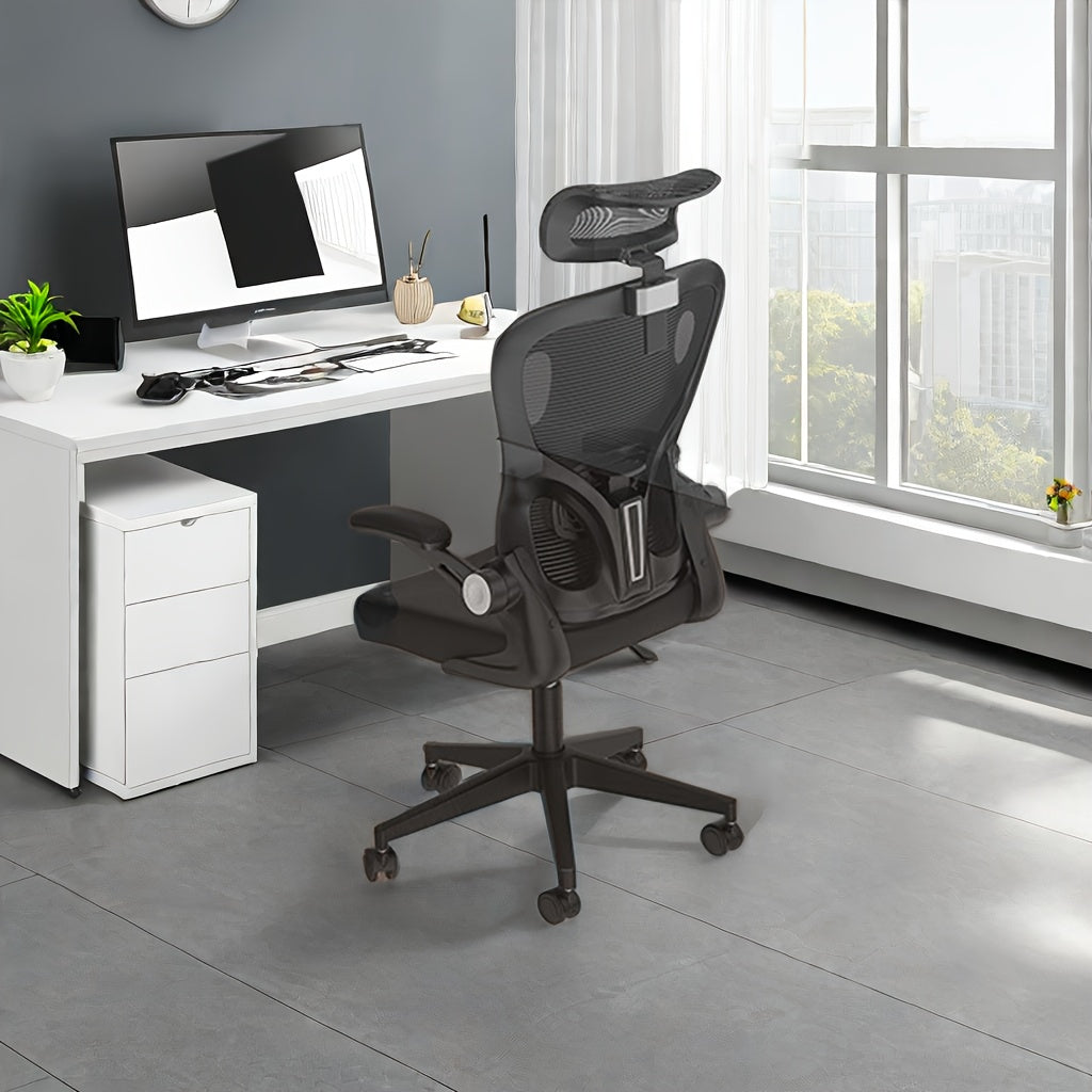 Chaise de Bureau Ergonomique  Dossier Haut avec Accoudoirs Rabattables AppuiTte Rglable  Soutien Lombaire  Chaise de Bureau Pivotante pour Maison et Bureau Noire Base  5 Roues Coussin en Mousse  Mmoire de Forme Design Wingback Coussin de Ch