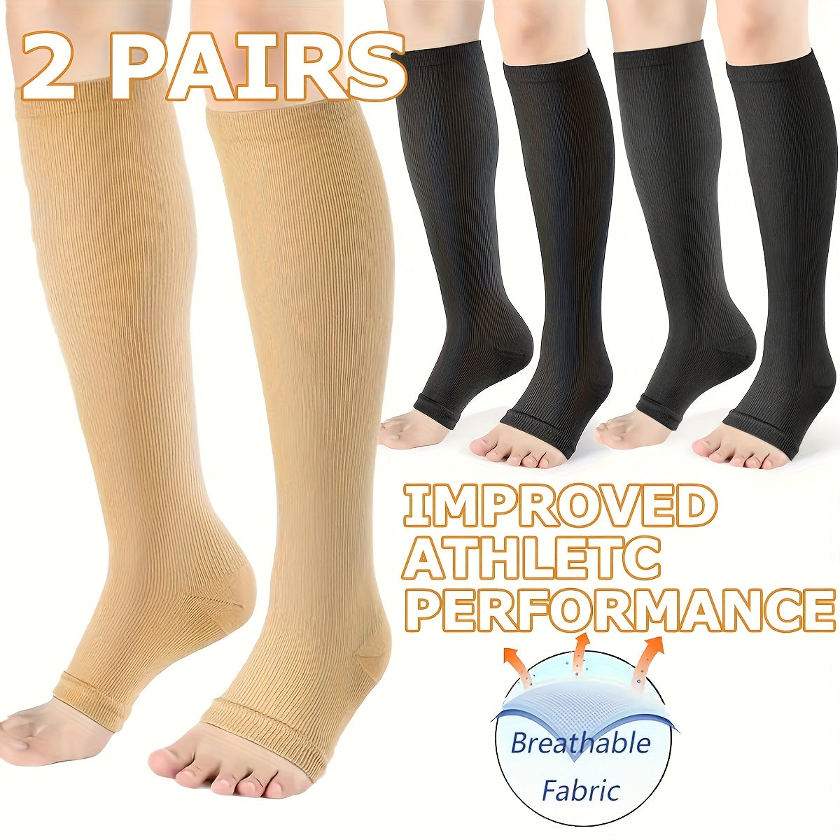 Deux paires de chaussettes de compression montantes pour hommes et femmes avec une conception  bout ouvert