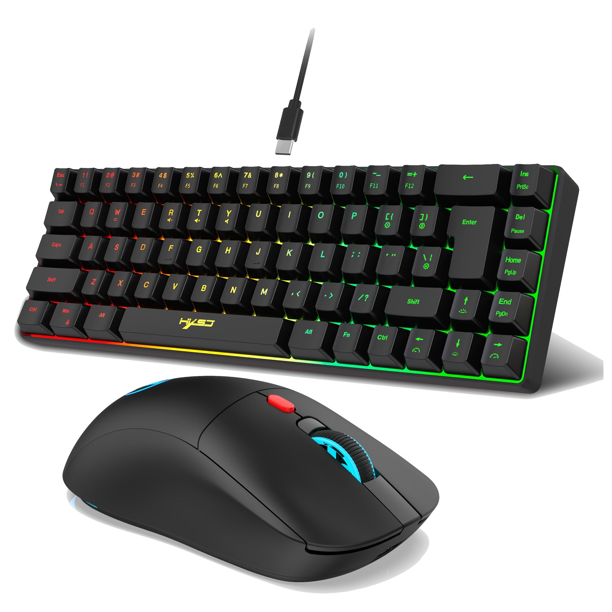 Ensemble clavier et souris gaming HXSJ60 clavier membrane filaire ultracompact  68 touches rtroclairage RGB conception ergonomique souris gaming optique sans fil 24G ensemble clavier et souris de bureau portable adapt pour le bureau la mais