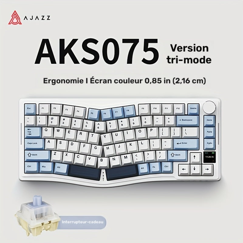 Clavier Ergonomique Sans Fil TriMode AJAZZ AKS075 Conception Compacte Contrle Confortable cran Couleur 085 Pouce Structure GASKET Toutes les Touches HotSwappable Longue Autonomie de Batterie 5000Mah Rythme Musical RGB Bouton de Volume Support